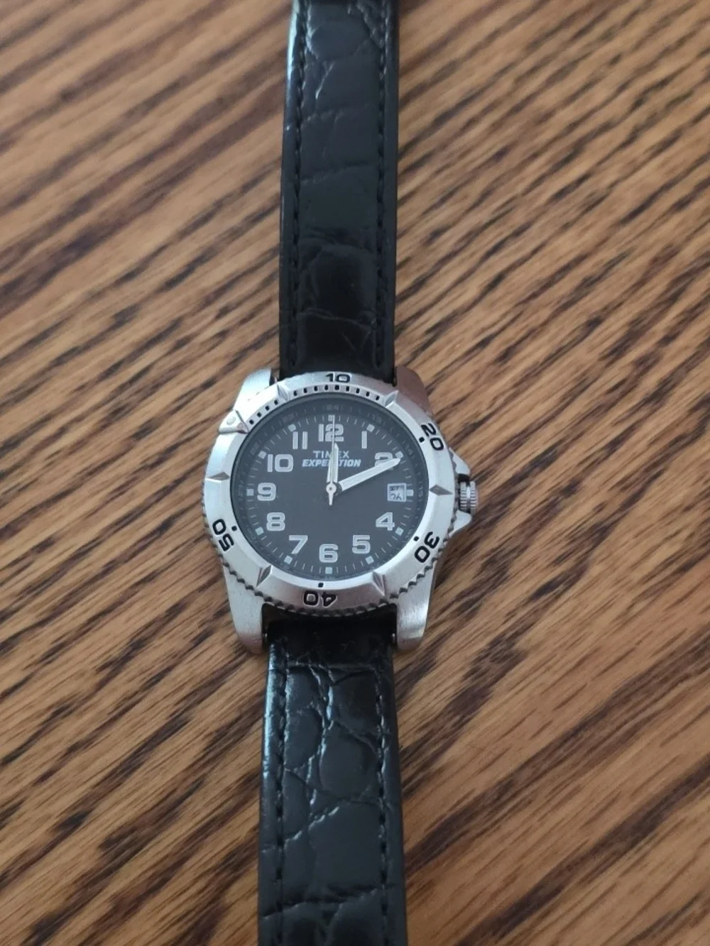 Womans Timex Expedition Black Dial Watch Croc Embossed Black Leather Strap